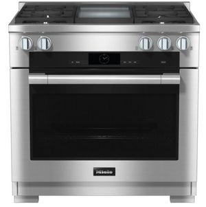 front view of the Miele 36" Natural Gas Clean Touch Steel Freestanding Dual Fuel Range