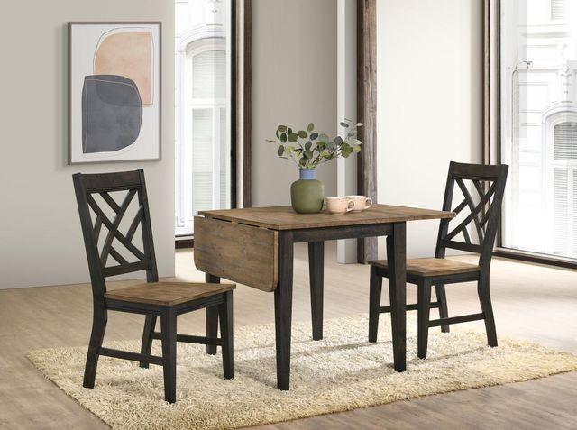 front view of a transitional dining room with a drop leaf table an two chairs