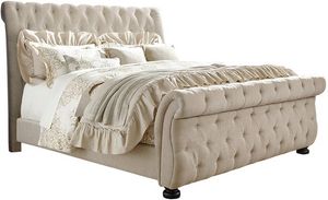 view of the Francesca Queen Bed, a white upholstered sleight bed