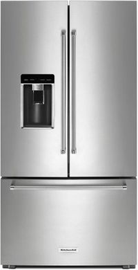 front view of the KitchenAid® 36 in. 23.8 Cu. Ft. Stainless Steel with PrintShield™ Finish Counter Depth French Door Refrigerator