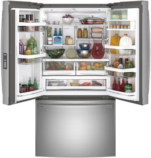 Open GE Profile French door refrigerator fully stocked with groceries