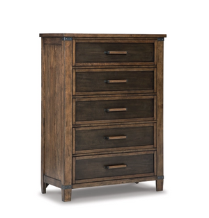 front view of a two toned wood chest with metal details