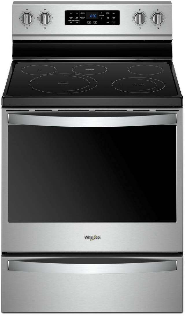Stainless steel and black Whirlpool electric range
