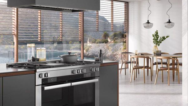 Kitchen Featuring Miele 48" Natural Gas Clean Touch Steel Freestanding Dual Fuel Range