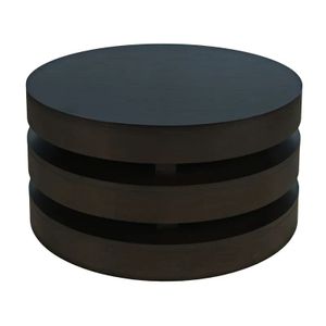 front view of the Brixxa Cocktail Table, a round, black, drum-style three tier coffee table