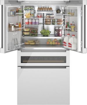 inside view of the Bosch® 800 Series 36 in. 20.5 Cu. Ft. Arctic White Counter Depth French Door Refrigerator
