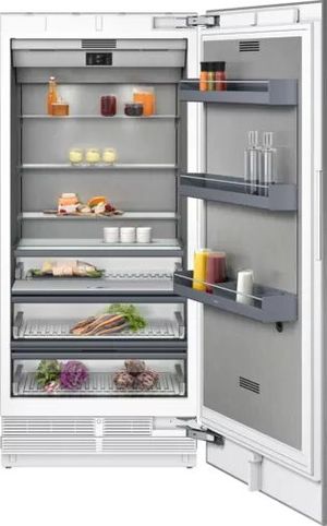 front view of an opened Gaggenau 400 Series 20.6 Cu. Ft. Fully Integrated Counter Depth Column Refrigerator