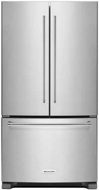 front view of the KitchenAid® 36 in. 20.0 Cu. Ft. Stainless Steel Counter Depth French Door Refrigerator
