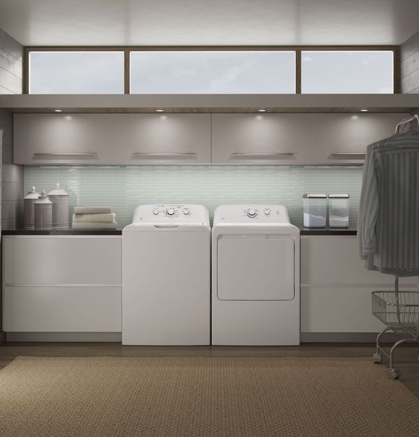 Laundry Room Featuring GE White Laundry Pair