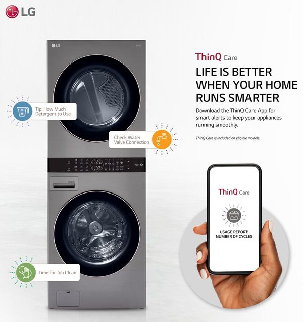 front view of an infographic about lg thinq technology. Text: Life is better when your home runs smarter. Download the ThinQ care app for home alerts to keep your appliances running smoothly.