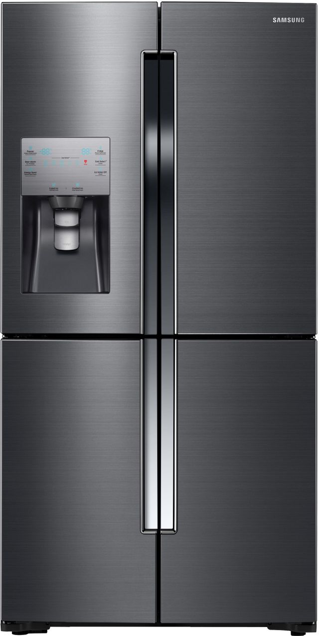 Stock image of a Samsung black stainless steel refrigerator