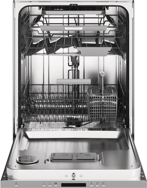 front view of an open ASKO 40 Series 24" Panel Ready Built In Dishwasher showing the inside racks for dishes