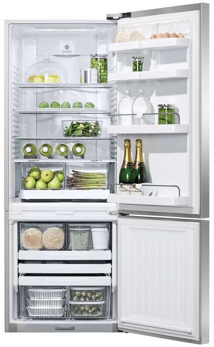 Fisher Paykel bottom freezer refrigerator with doors ajar