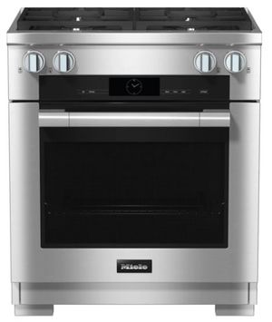 front view of the Miele 30" Natural Gas Clean Touch Steel Freestanding Dual Fuel Range