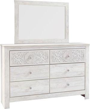front view of the Signature Design by Ashley® Paxberry Whitewash 72" Dresser and Mirror