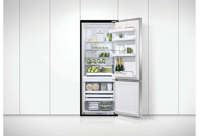 Fisher & Paykel bottom freezer refrigerator with open door 