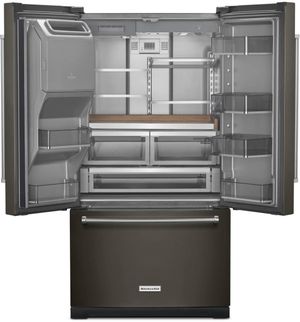 front view of an opened KitchenAid® 27.0 Cu. Ft. PrintShield™ Black Stainless French Door Refrigerator