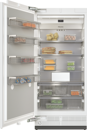 front view of an opened Miele MasterCool™ 19.4 Cu. Ft. Panel Ready Left Hand Column Freezer