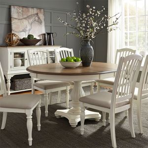 view of the Liberty Cumberland Creek 7-Piece Buttermilk/Gray Dining Set in a modern dining room with dark grey walls