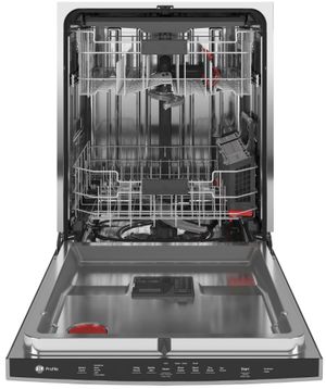 Empty GE Profile dishwasher with door open