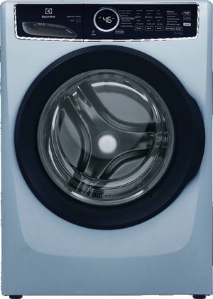 The front of an Electrolux front load washing machine in a glacier blue finish