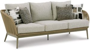 front left view of the Signature Design by Ashley® Swiss Valley Beige Outdoor Sofa with Cushion, a beige outdoor sofa with light beige cushions