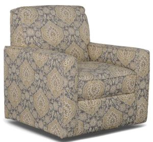 front left side view of a patterned accent swivel chair