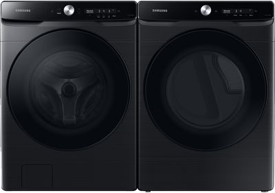 Black Samsung front load washer and dryer