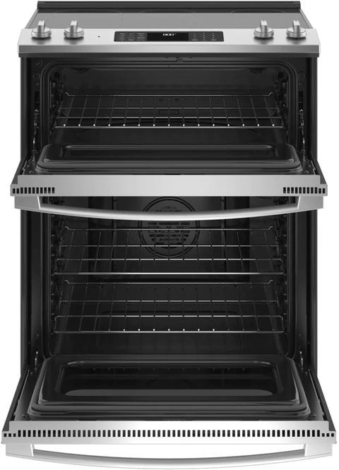 Stainless steel GE double oven range with open oven doors