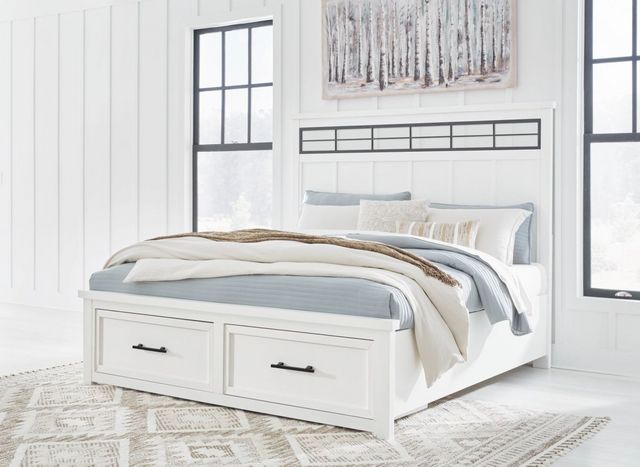 front view of a white wooden storage panel bed frame