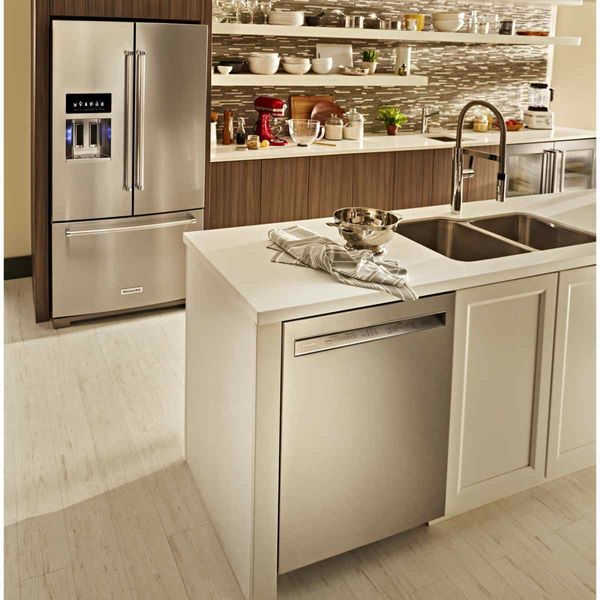 Kitchen Featuring KitchenAid 27.0 Cu. Ft. Stainless Steel with PrintShield Finish French Door Refrigerator