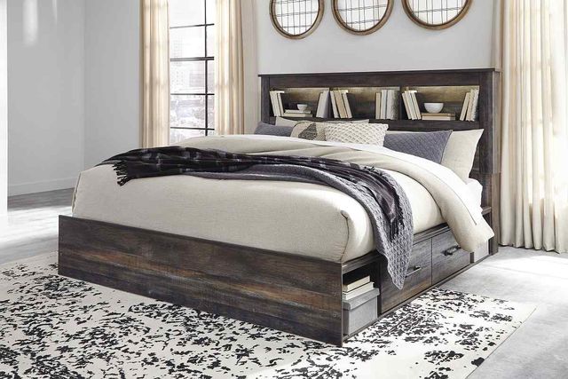front view of a wooden bookcase bed in a modern contemporary bedroom with white walls