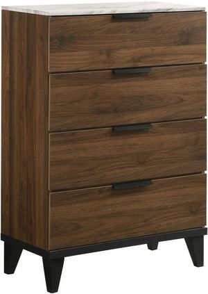 front view of a dark wooden chest with four drawers, a white marble top, and black feet