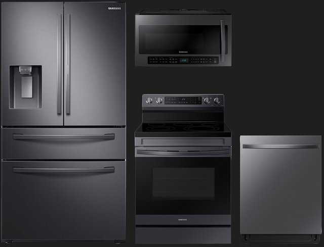 Black stainless steel kitchen package against a black background