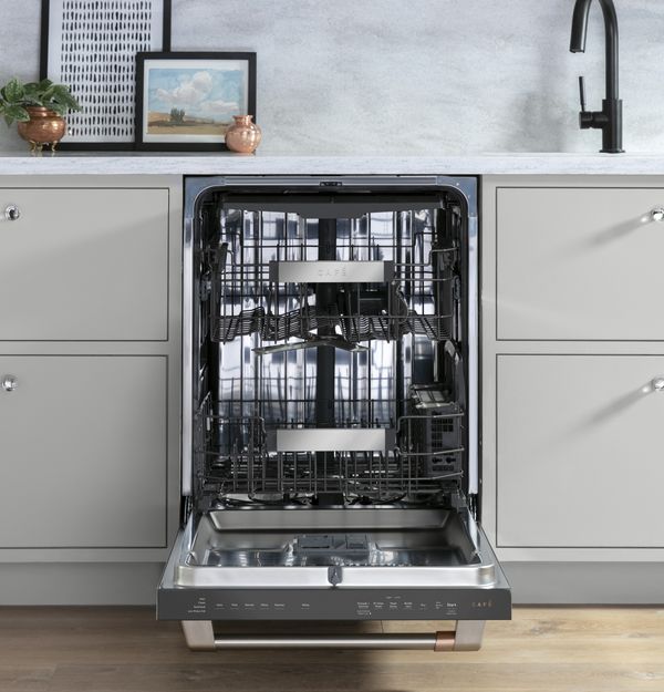 Stainless steel dishwasher with door ajar