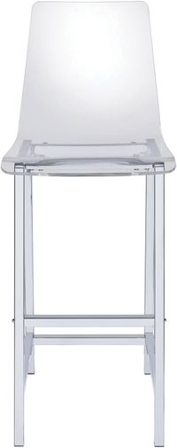 front view of the Chic Barstool, a clear plastic barstool with a back and four legs
