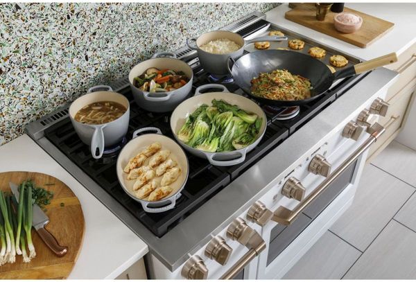 Kitchen showcasing Café 48" Matte White Professional Style Dual Fuel Range