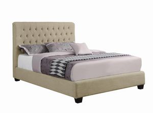 Arianna Queen Bed featuring oatmeal colored fabric upholstery