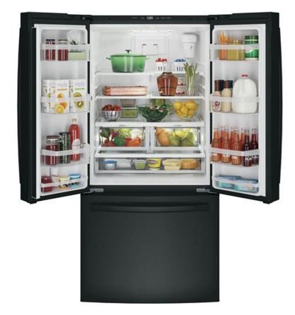 Black GE French door refrigerator with doors ajar and food inside