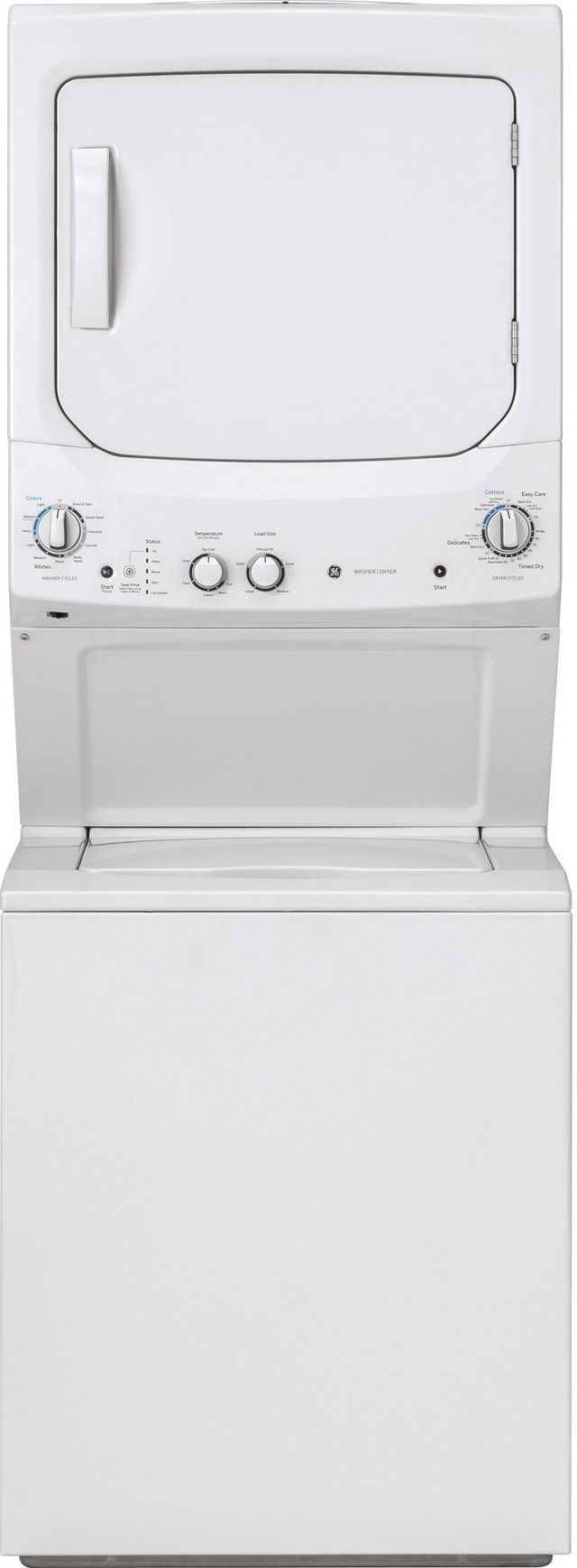 White GE stacked washer and dryer unit