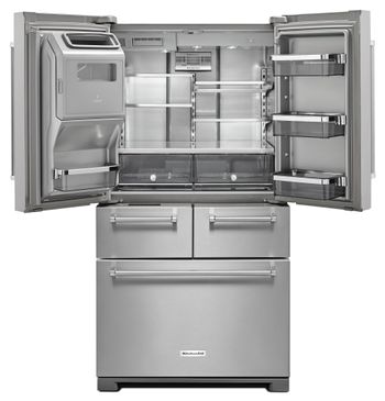 front view of an opened KitchenAid® 25.8 Cu. Ft. Stainless Steel French Door Refrigerator