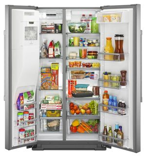 front view of the open and fully stocked Maytag® 20.6 Cu. Ft. Fingerprint Resistant Stainless Steel Counter Depth Side By Side Refrigerator