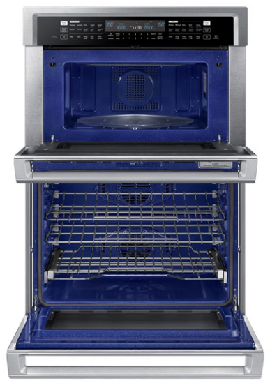 Samsung oven with doors ajar and a blue interior