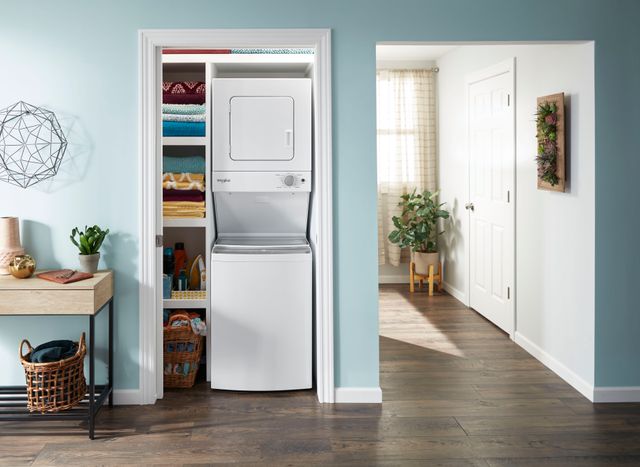 compact stacked laundry in a closet
