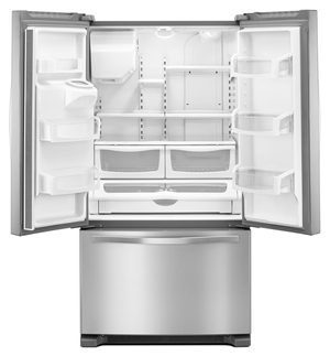 front view of an opened Whirlpool® 24.7 Cu. Ft. Fingerprint Resistant Stainless Steel French Door Refrigerator