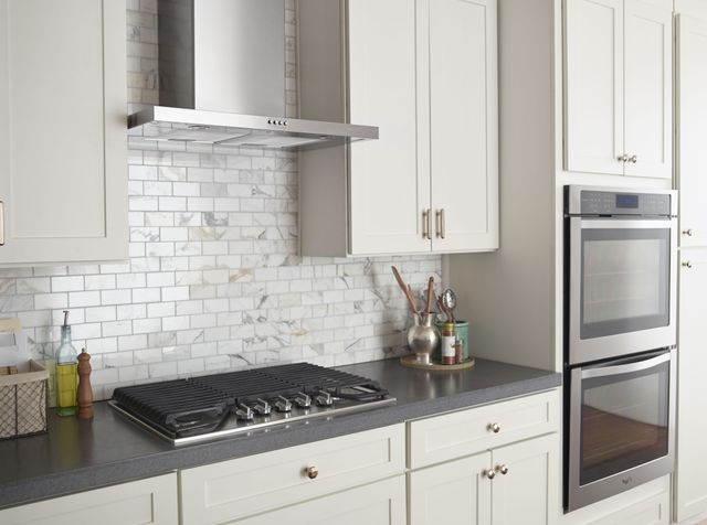 grey kitchen with range hood