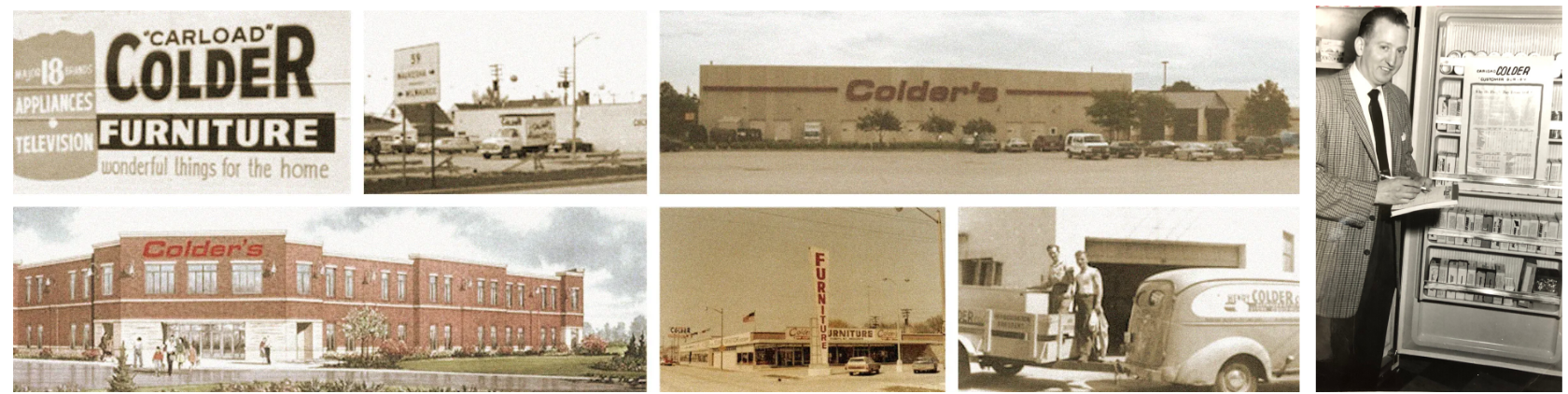 collage of first Colder’s storefront, owner, and employees