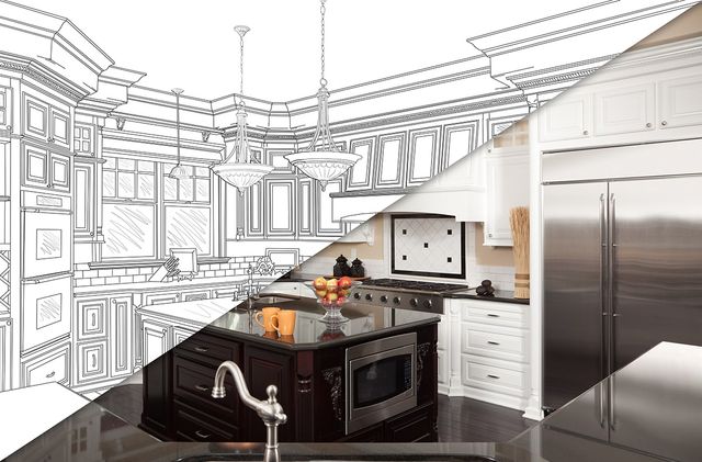 front view of a kitchen with half as a drawing and half as a photo, portraying design to finish