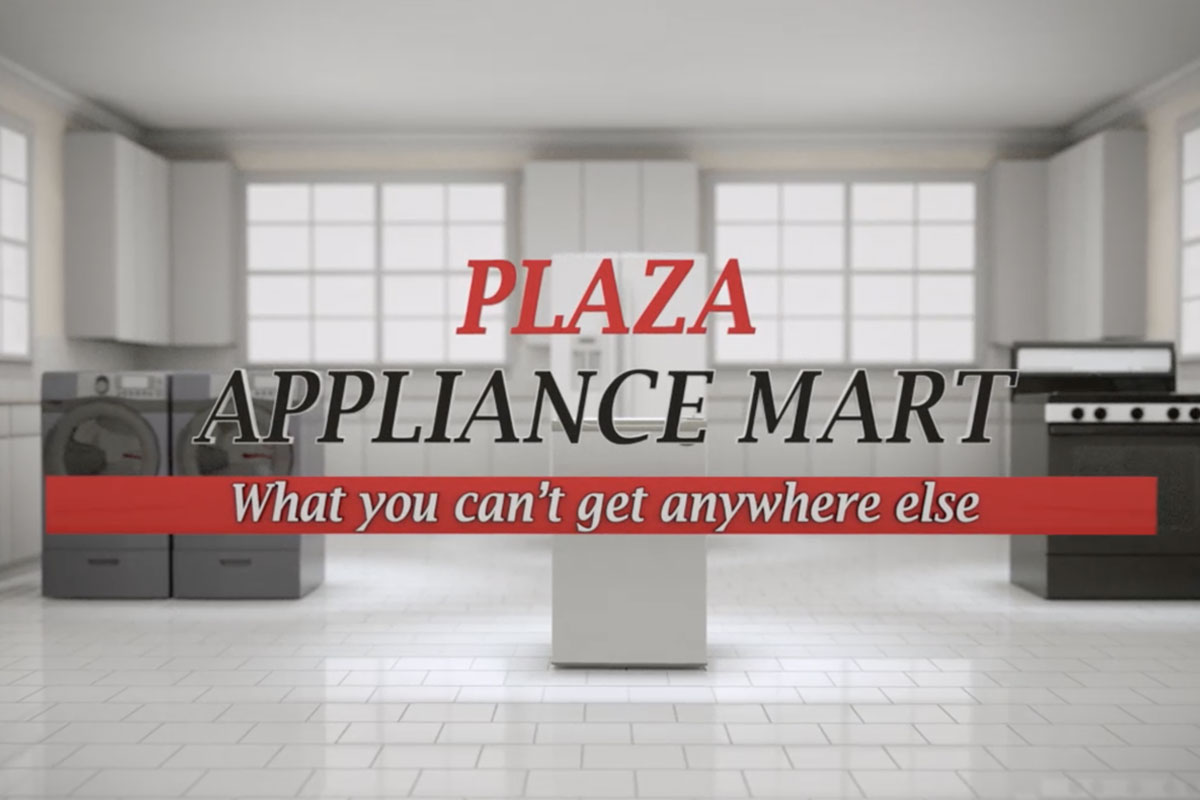 out of focus background with appliances and Plaza logo and motto in foreground 